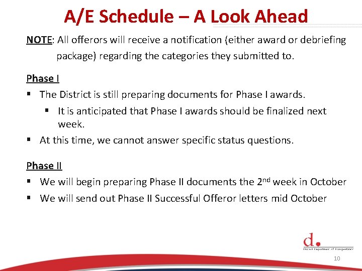A/E Schedule – A Look Ahead NOTE: All offerors will receive a notification (either
