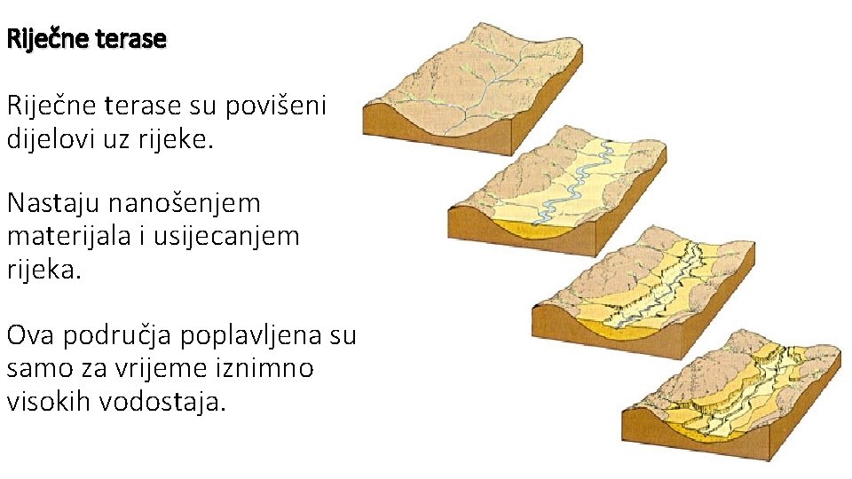 Riječne terase su povišeni dijelovi uz rijeke. Nastaju nanošenjem materijala i usijecanjem rijeka. Ova