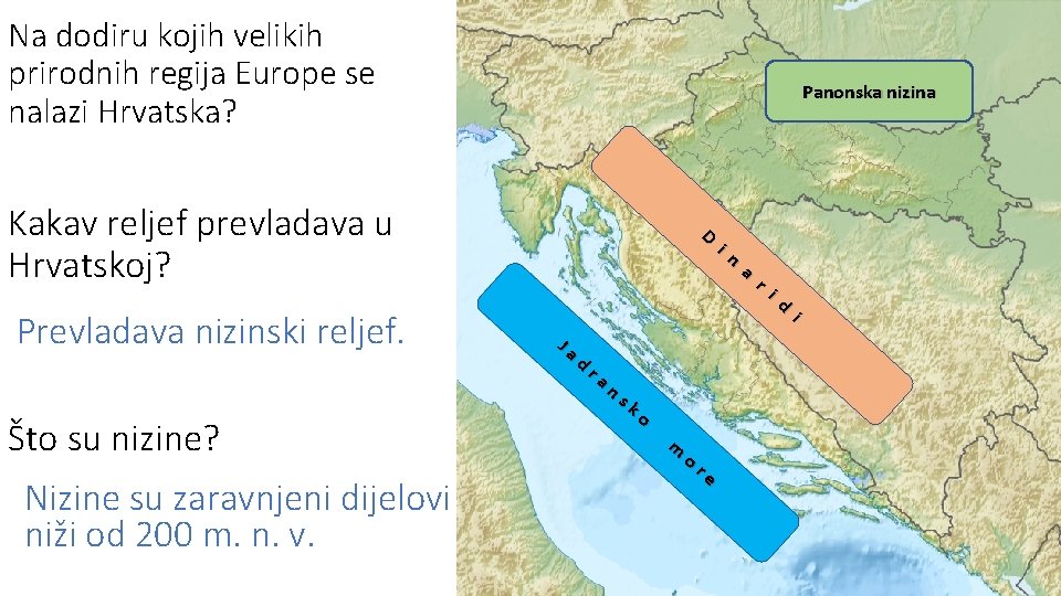 Na dodiru kojih velikih prirodnih regija Europe se nalazi Hrvatska? Panonska nizina Kakav reljef