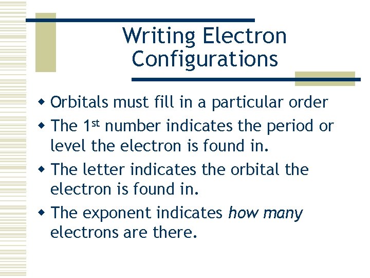 Writing Electron Configurations w Orbitals must fill in a particular order w The 1