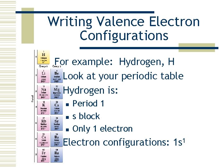 Writing Valence Electron Configurations For example: Hydrogen, H w Look at your periodic table