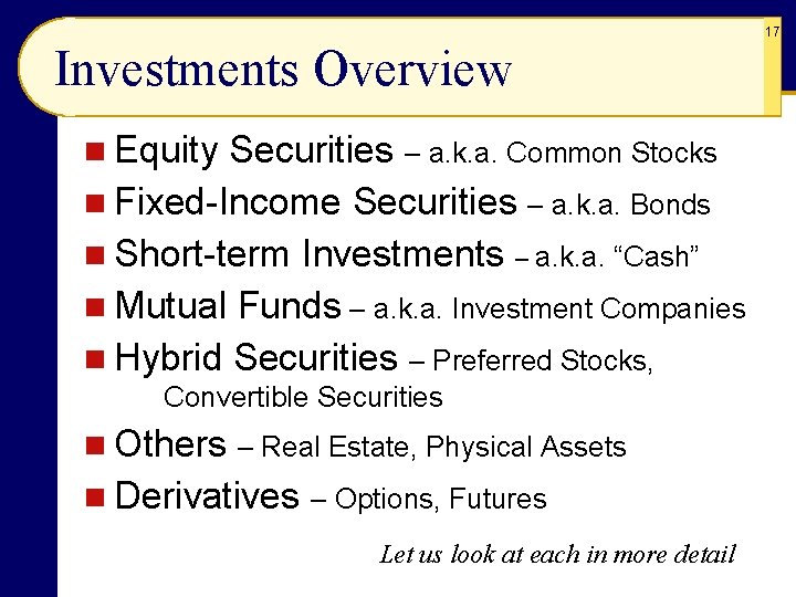 17 Investments Overview n Equity Securities – a. k. a. Common Stocks n Fixed-Income