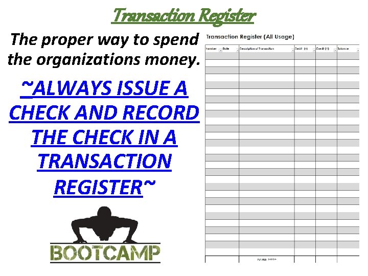 Transaction Register The proper way to spend the organizations money. ~ALWAYS ISSUE A CHECK