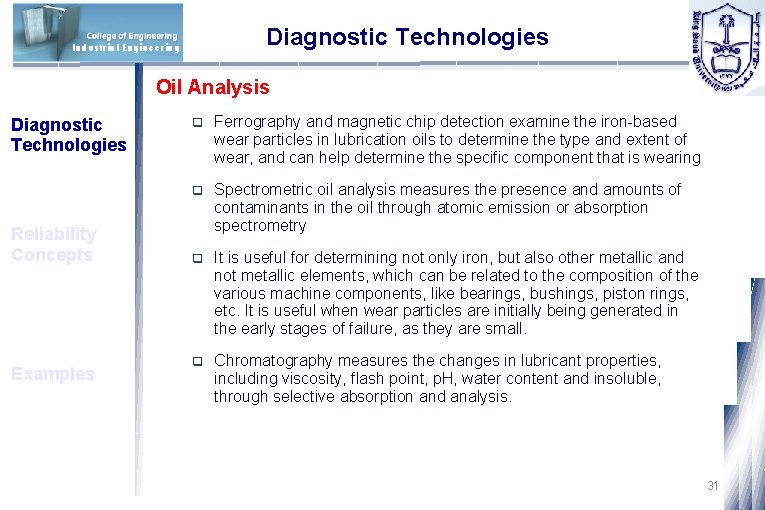 Diagnostic Technologies Industrial Engineering Oil Analysis Diagnostic Technologies Reliability Concepts Examples q Ferrography and