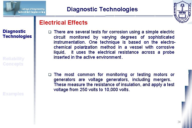 Diagnostic Technologies Industrial Engineering Electrical Effects Diagnostic Technologies q There are several tests for