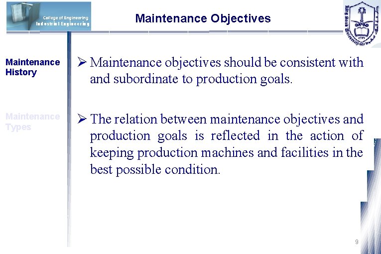 Industrial Engineering Maintenance Objectives Maintenance History Ø Maintenance objectives should be consistent with and