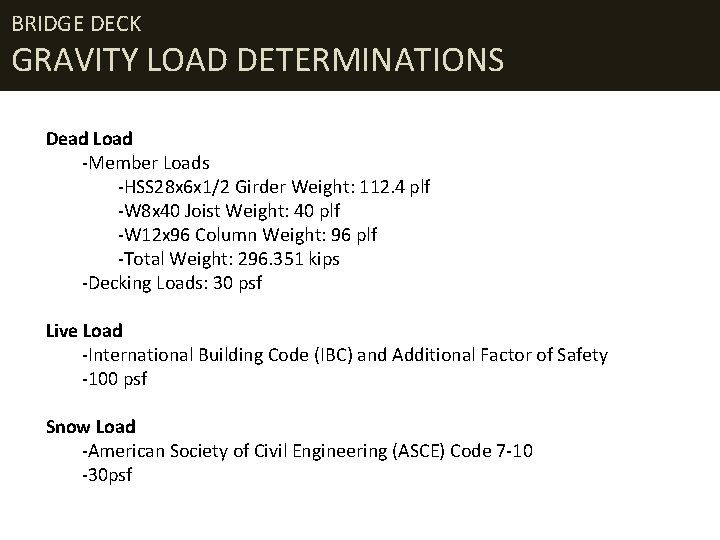 BRIDGE DECK GRAVITY LOAD DETERMINATIONS Dead Load -Member Loads -HSS 28 x 6 x