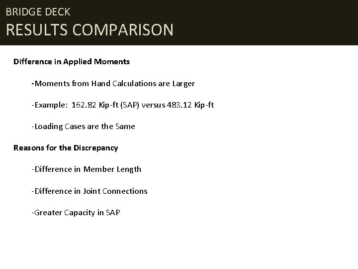 BRIDGE DECK RESULTS COMPARISON Difference in Applied Moments -Moments from Hand Calculations are Larger