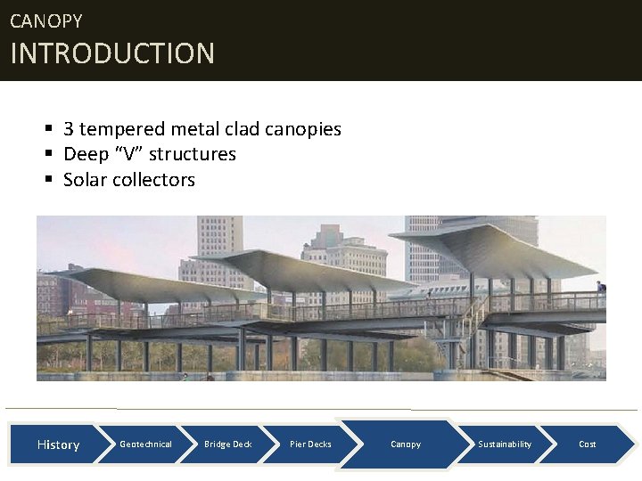 CANOPY INTRODUCTION § 3 tempered metal clad canopies § Deep “V” structures § Solar