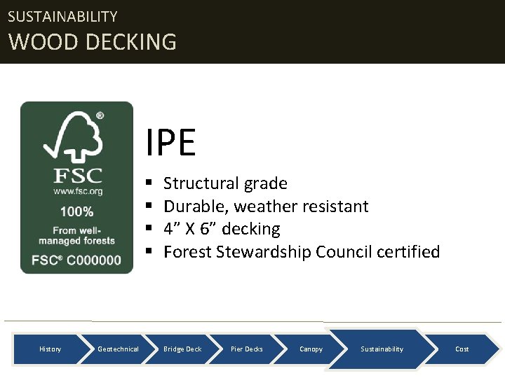 SUSTAINABILITY WOOD DECKING IPE § § History Geotechnical Structural grade Durable, weather resistant 4”