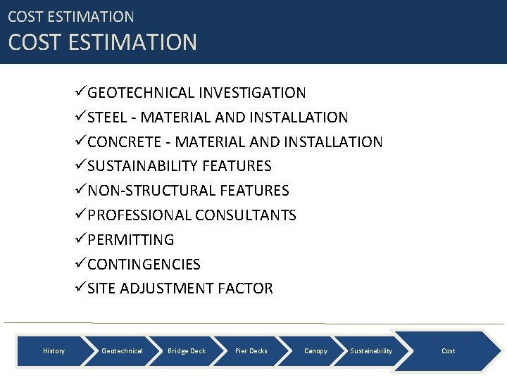 COST ESTIMATION GEOTECHNICAL INVESTIGATION STEEL - MATERIAL AND INSTALLATION CONCRETE - MATERIAL AND INSTALLATION