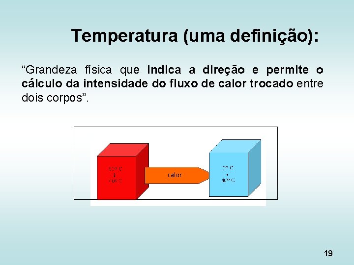 Temperatura (uma definição): “Grandeza física que indica a direção e permite o cálculo da