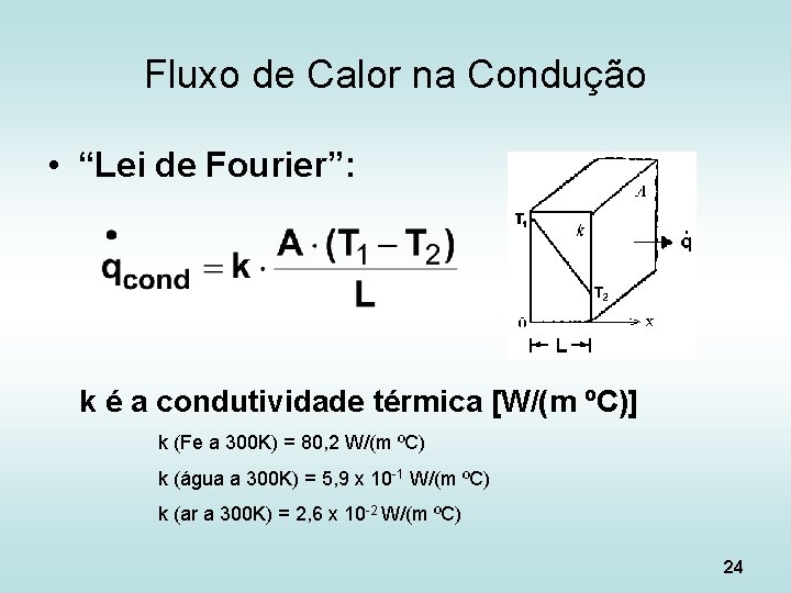 Fluxo de Calor na Condução • “Lei de Fourier”: k é a condutividade térmica