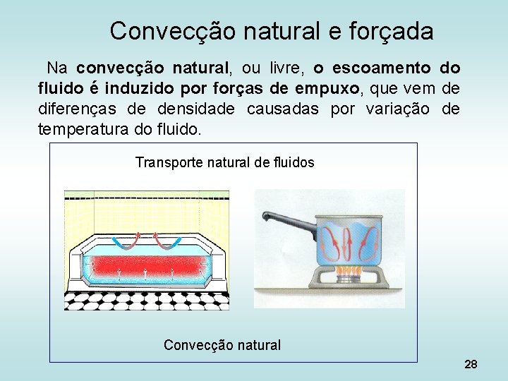 Convecção natural e forçada Na convecção natural, ou livre, o escoamento do fluido é