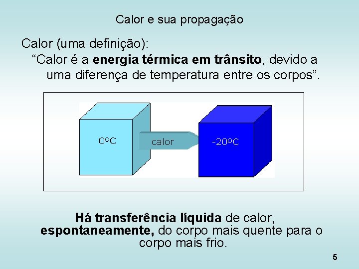 Calor e sua propagação Calor (uma definição): “Calor é a energia térmica em trânsito,