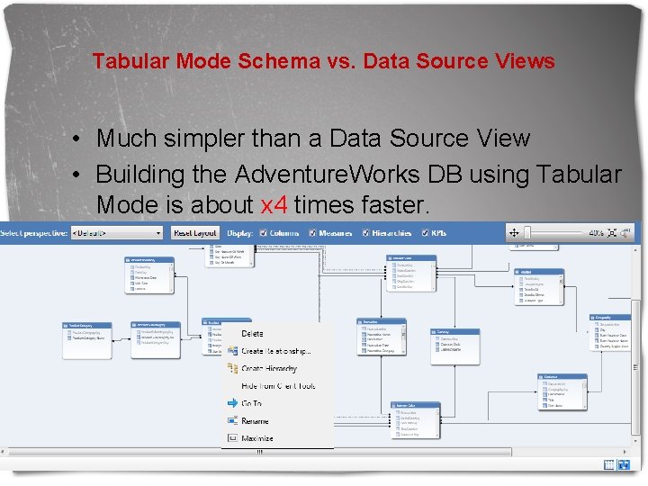 Tabular Mode Schema vs. Data Source Views • Much simpler than a Data Source