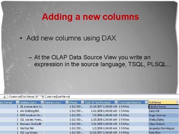 Adding a new columns • Add new columns using DAX – At the OLAP