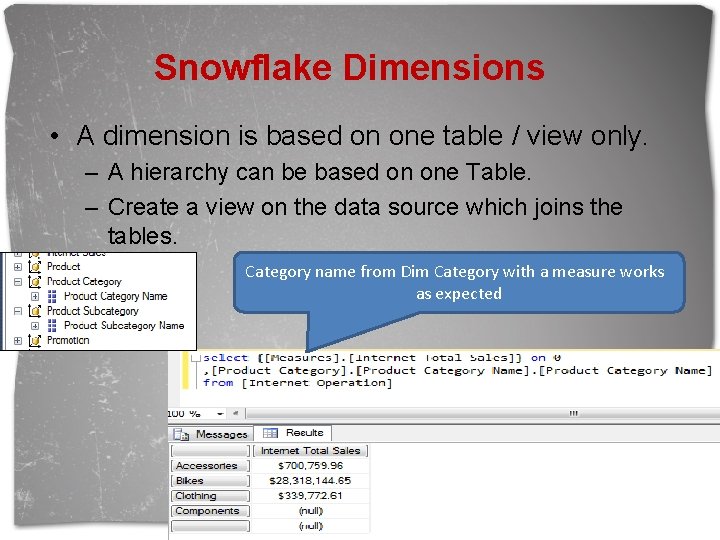 Snowflake Dimensions • A dimension is based on one table / view only. –