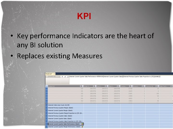 KPI • Key performance Indicators are the heart of any BI solution • Replaces