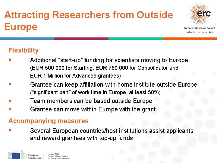 Attracting Researchers from Outside Europe Established by the European Commission Flexibility Additional “start-up” funding