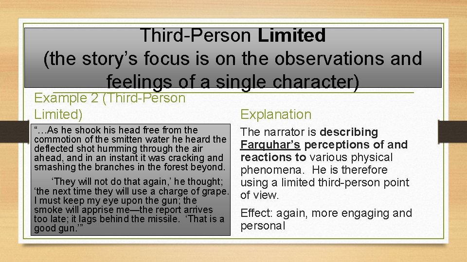 Third-Person Limited (the story’s focus is on the observations and feelings of a single