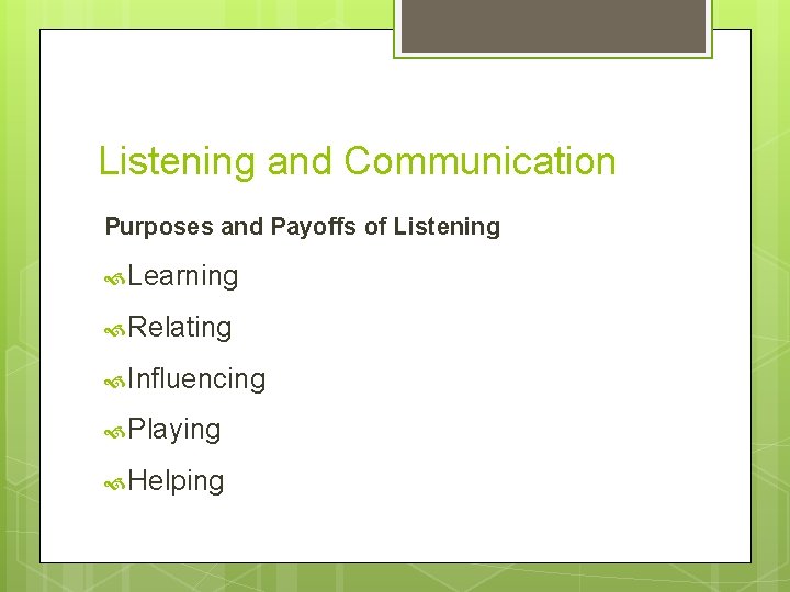 Listening and Communication Purposes and Payoffs of Listening Learning Relating Influencing Playing Helping 
