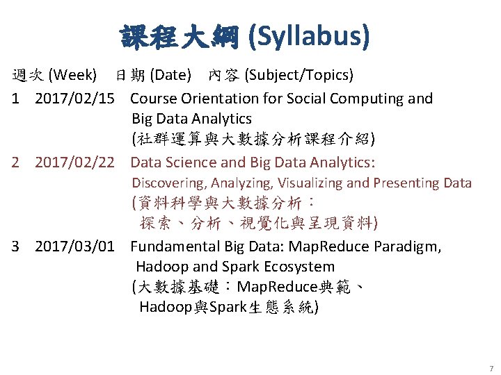 課程大綱 (Syllabus) 週次 (Week) 日期 (Date) 內容 (Subject/Topics) 1 2017/02/15 Course Orientation for Social