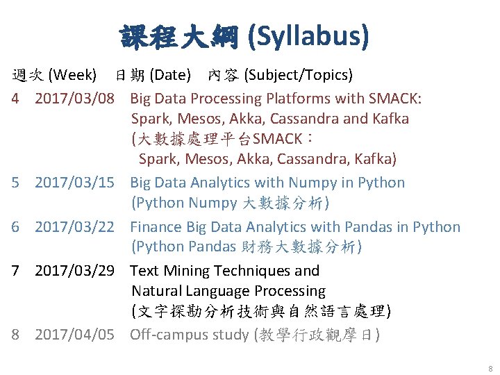 課程大綱 (Syllabus) 週次 (Week) 日期 (Date) 內容 (Subject/Topics) 4 2017/03/08 Big Data Processing Platforms