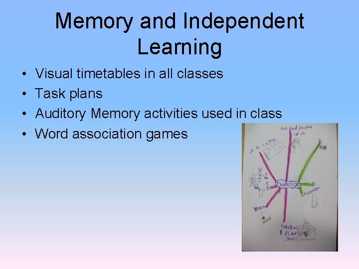 Memory and Independent Learning • • Visual timetables in all classes Task plans Auditory