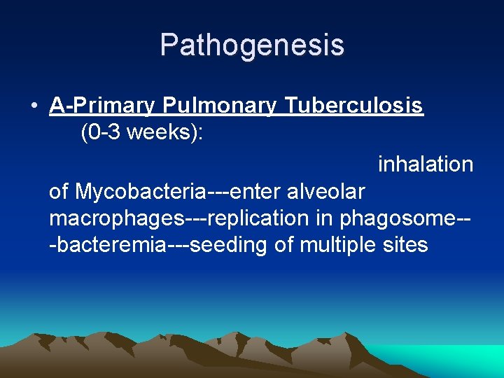Pathogenesis • A-Primary Pulmonary Tuberculosis (0 -3 weeks): inhalation of Mycobacteria---enter alveolar macrophages---replication in