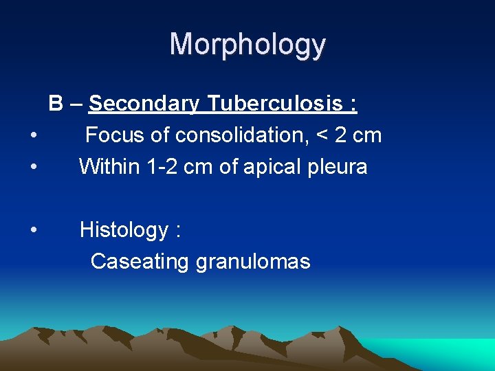 Morphology B – Secondary Tuberculosis : • Focus of consolidation, < 2 cm •