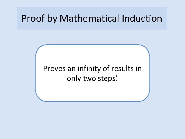 Proof by Mathematical Induction Proves an infinity of results in only two steps! 