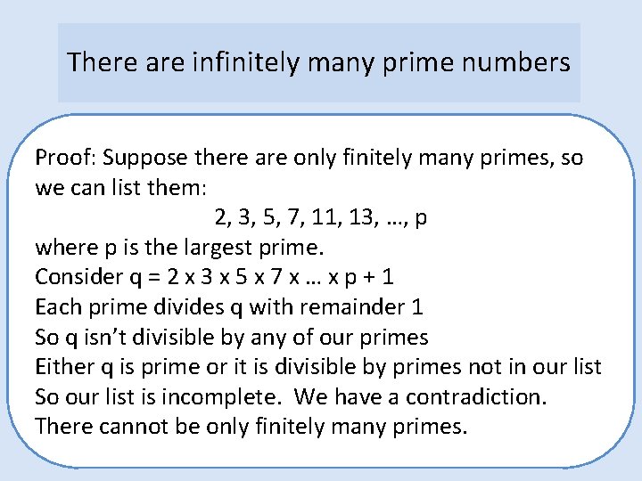 There are infinitely many prime numbers Proof: Suppose there are only finitely many primes,