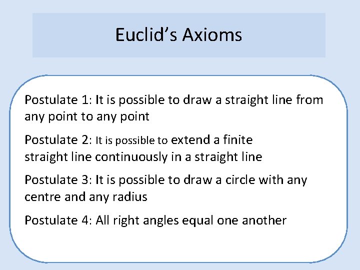 Euclid’s Axioms Postulate 1: It is possible to draw a straight line from any