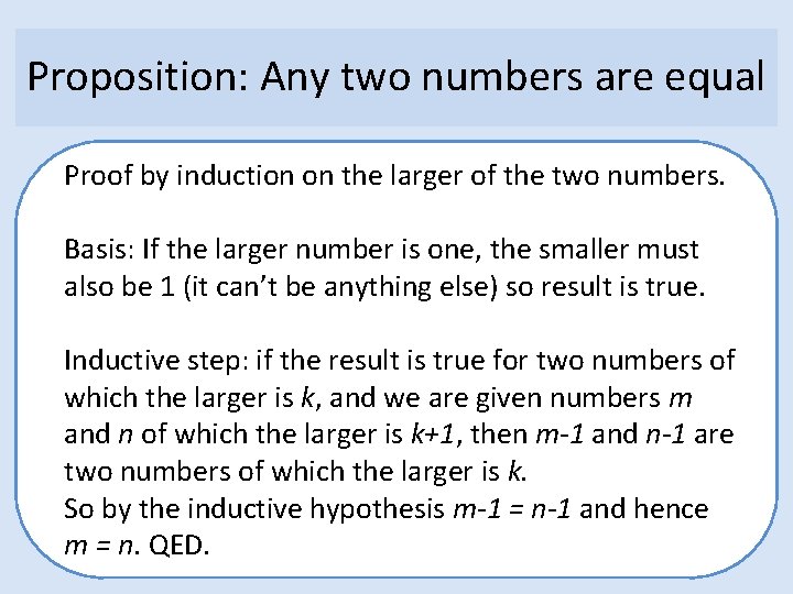 Proposition: Any two numbers are equal Proof by induction on the larger of the
