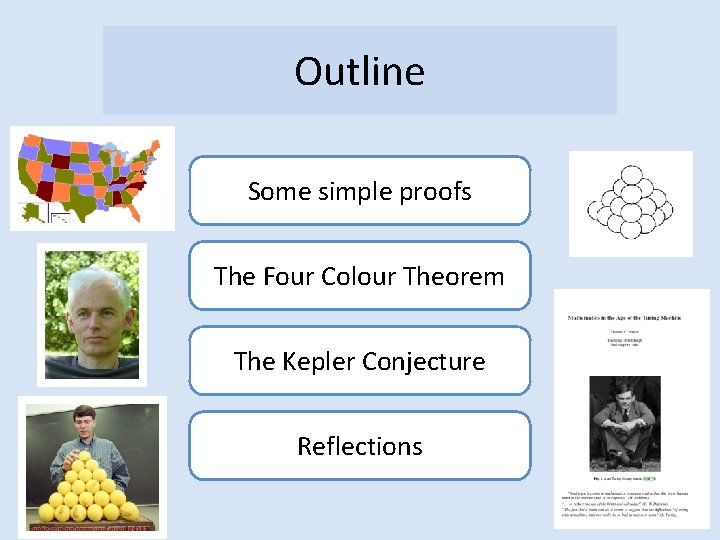 Outline Some simple proofs The Four Colour Theorem The Kepler Conjecture Reflections 