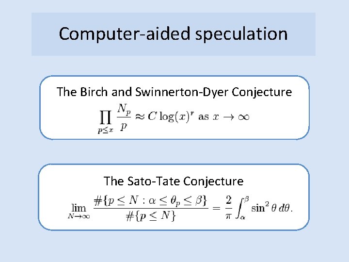 Computer-aided speculation The Birch and Swinnerton-Dyer Conjecture The Sato-Tate Conjecture 