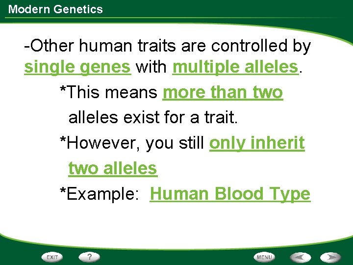 Modern Genetics -Other human traits are controlled by single genes with multiple alleles. *This