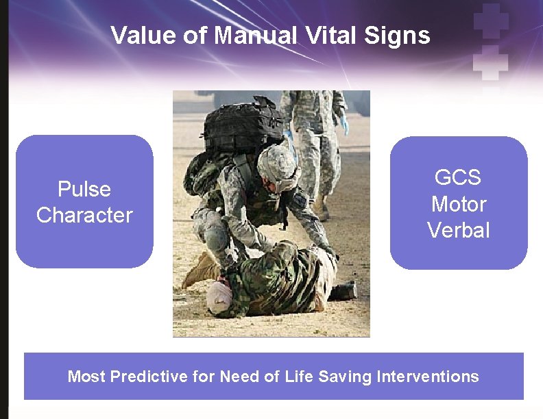 Value of Manual Vital Signs Pulse Character GCS Motor Verbal Most Predictive for Need