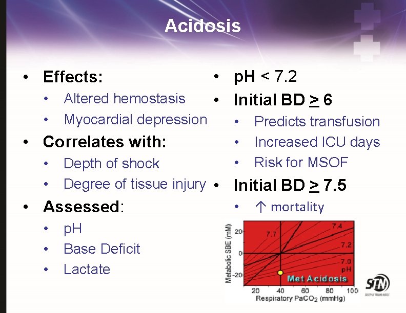 Acidosis • Effects: • • Altered hemostasis Myocardial depression • p. H < 7.