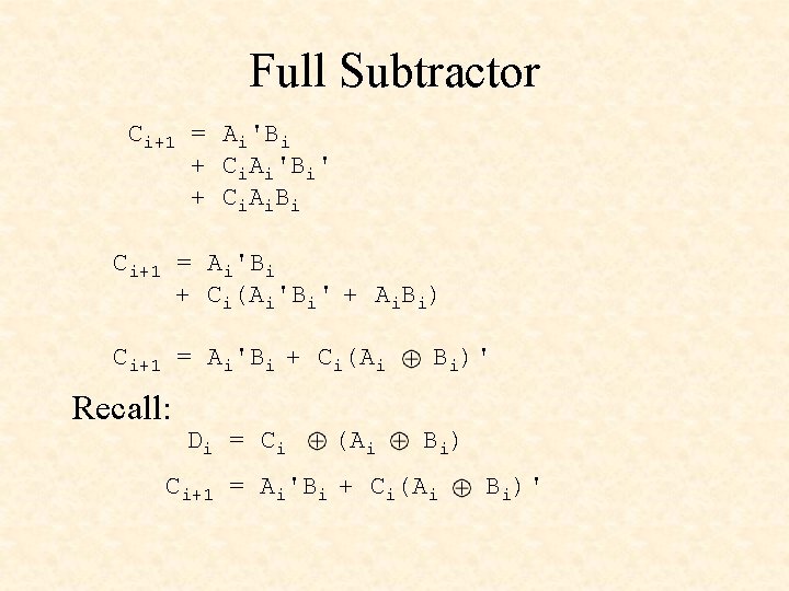 Full Subtractor Ci+1 = Ai'Bi + Ci. Ai'Bi' + C i. A i. B