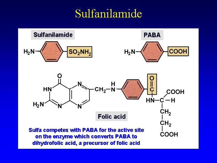 Sulfanilamide PABA Folic acid Sulfa competes with PABA for the active site on the