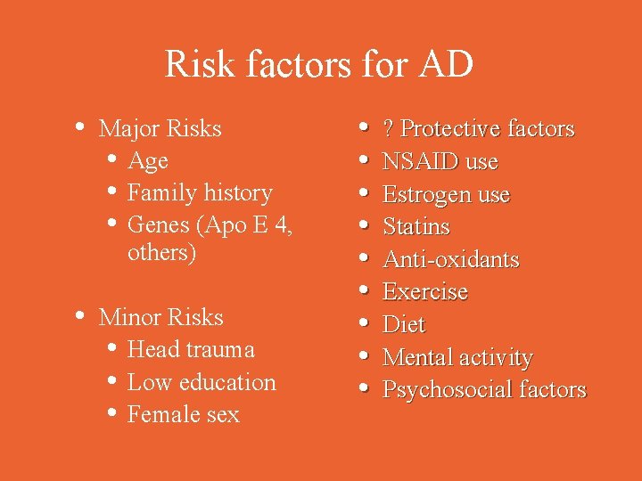 Risk factors for AD • Major Risks • Age • Family history • Genes