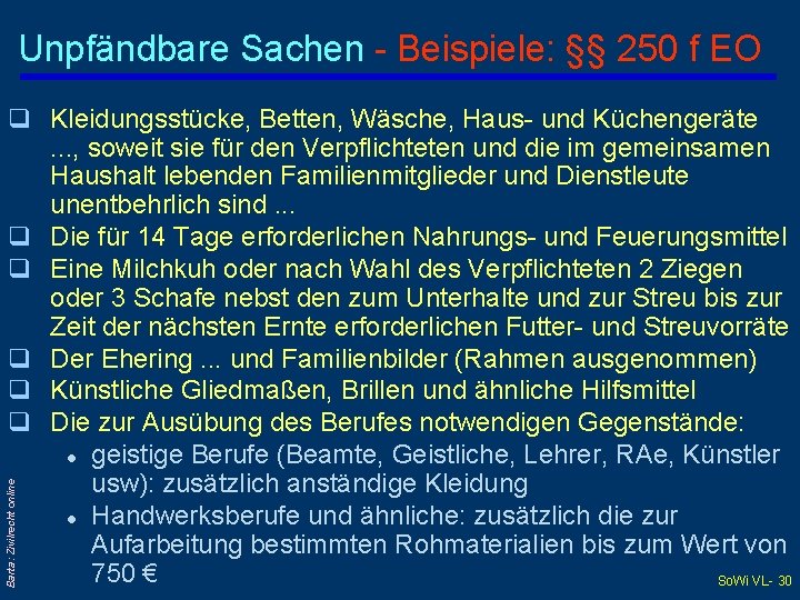 Unpfändbare Sachen - Beispiele: §§ 250 f EO Barta: Zivilrecht online q Kleidungsstücke, Betten,