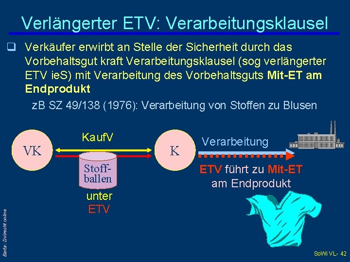 Verlängerter ETV: Verarbeitungsklausel q Verkäufer erwirbt an Stelle der Sicherheit durch das Vorbehaltsgut kraft