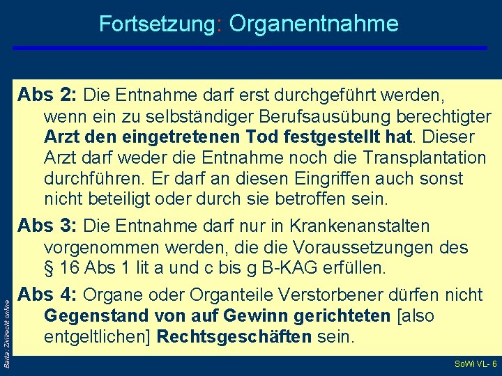 Fortsetzung: Organentnahme Barta: Zivilrecht online Abs 2: Die Entnahme darf erst durchgeführt werden, wenn