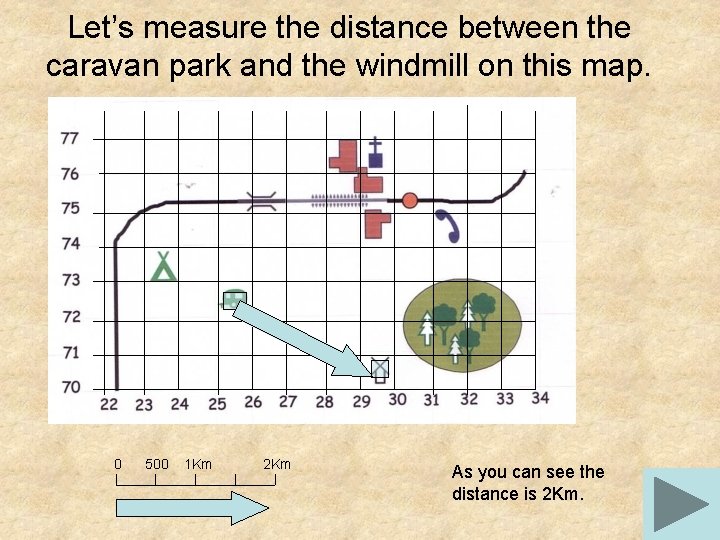 Let’s measure the distance between the caravan park and the windmill on this map.