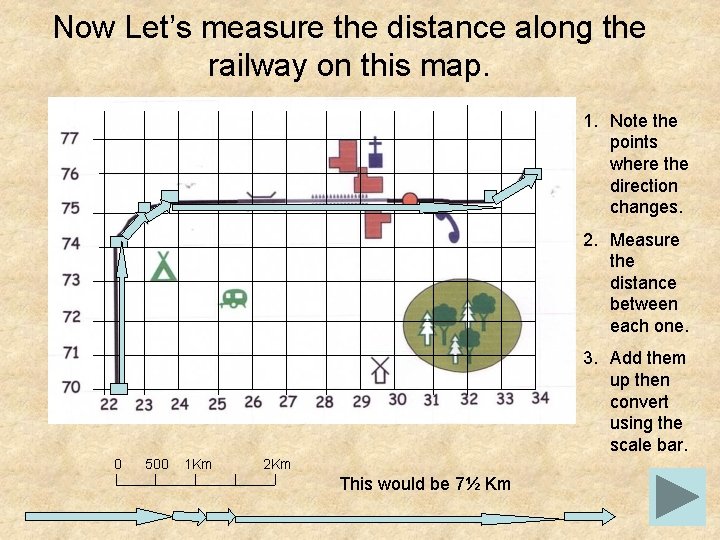 Now Let’s measure the distance along the railway on this map. 1. Note the