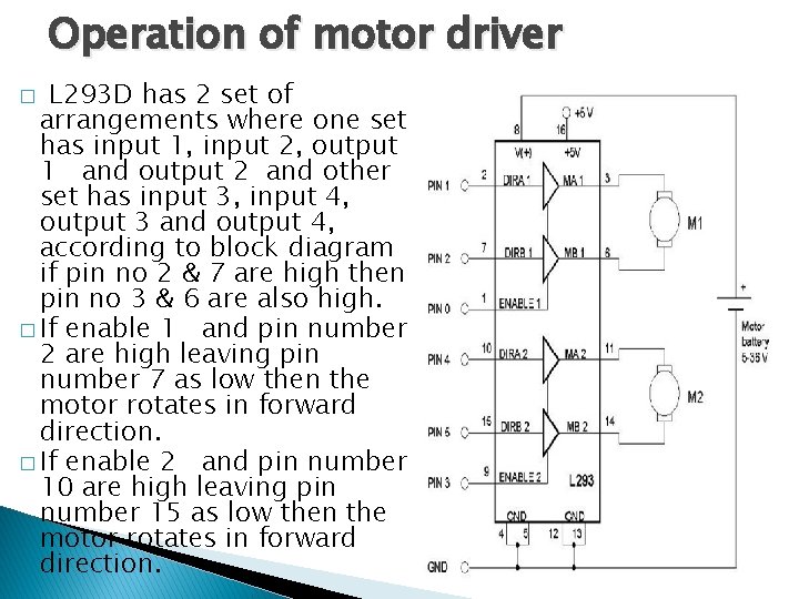 Operation of motor driver L 293 D has 2 set of arrangements where one Operation of motor driver L 293 D has 2 set of arrangements where one