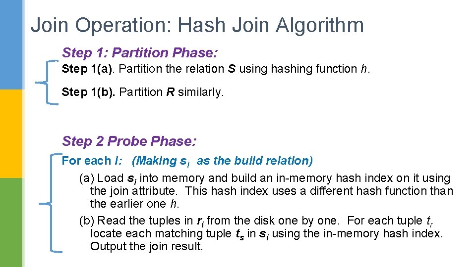 Join Operation: Hash Join Algorithm Step 1: Partition Phase: Step 1(a). Partition the relation